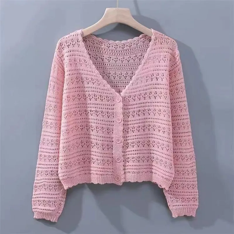 

Spring Autumn Korean Style Loose V-neck Hollow Versatile Knitted Air-conditioning Shirt Thin Long-sleeved Ice Silk Cardigan Top