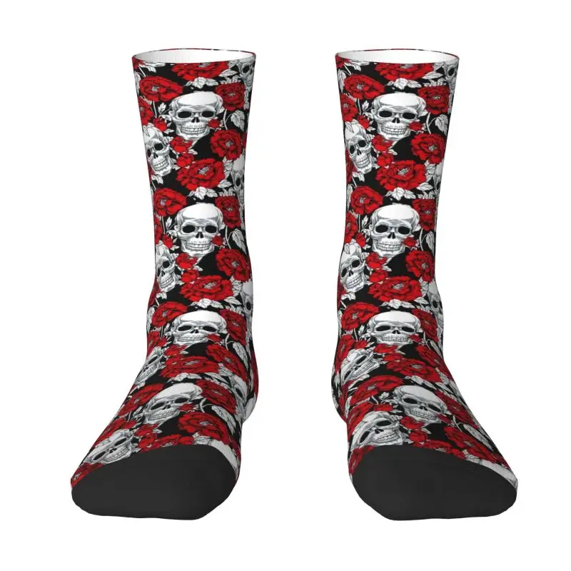 Cute Printed Death Skull Roses Flower Pattern Socks for Women Men Stretch Summer Autumn Winter Gothic Skeleton Crew Socks