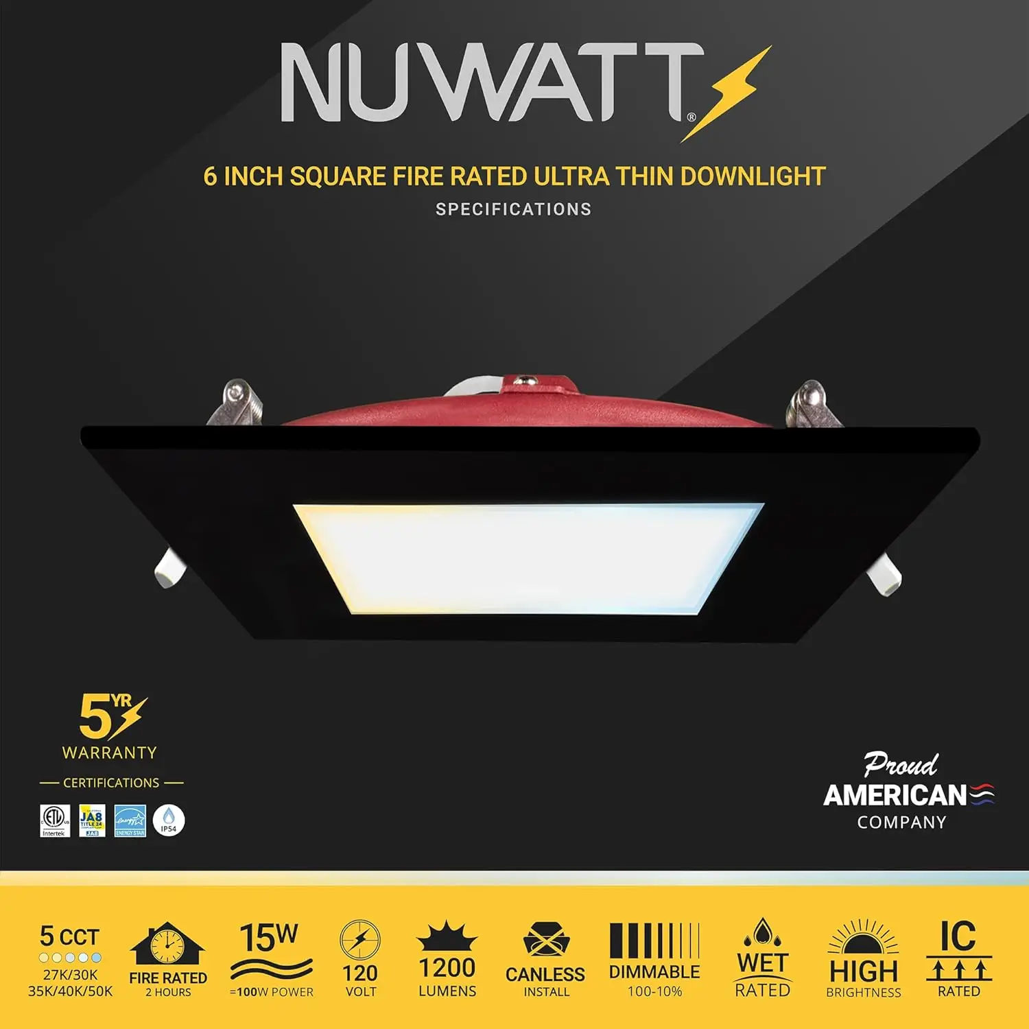 Nuwatt 12 Pack, 6 Inch 2 Hour Fire Rated Led Recessed Light, 2700K/3000K/3500K/4000K/5000K Selectable, 1200 Lumen Dimmable, Ic