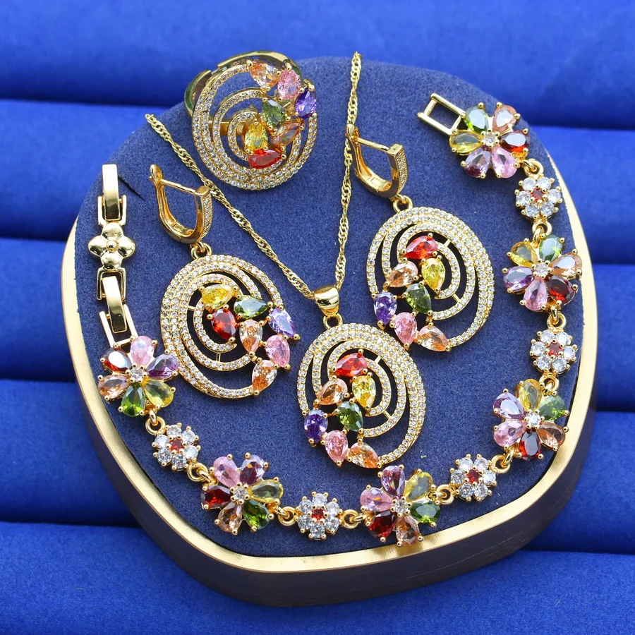 Exquisite Multicolor Crystal 18K Gold Plated Jewelry Sets for Women Earrings Necklace Adjustable Ring Bracelet Wedding Gift