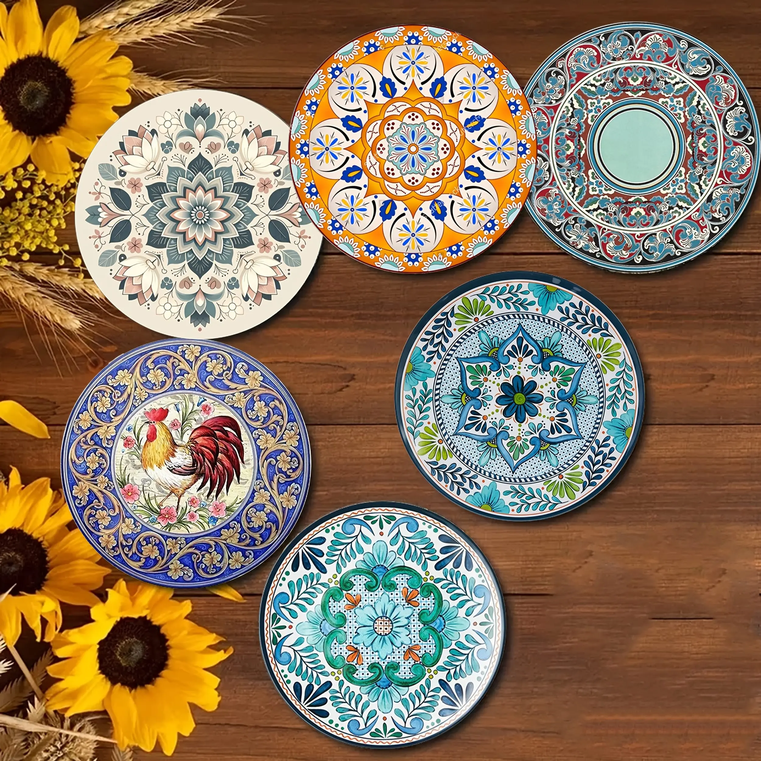 Vibrant Retro Pattern 2D Wooden Coaster for Home Decor Restaurant Bar Coffee Shop Tea Room Office - Colorful Vintage Design