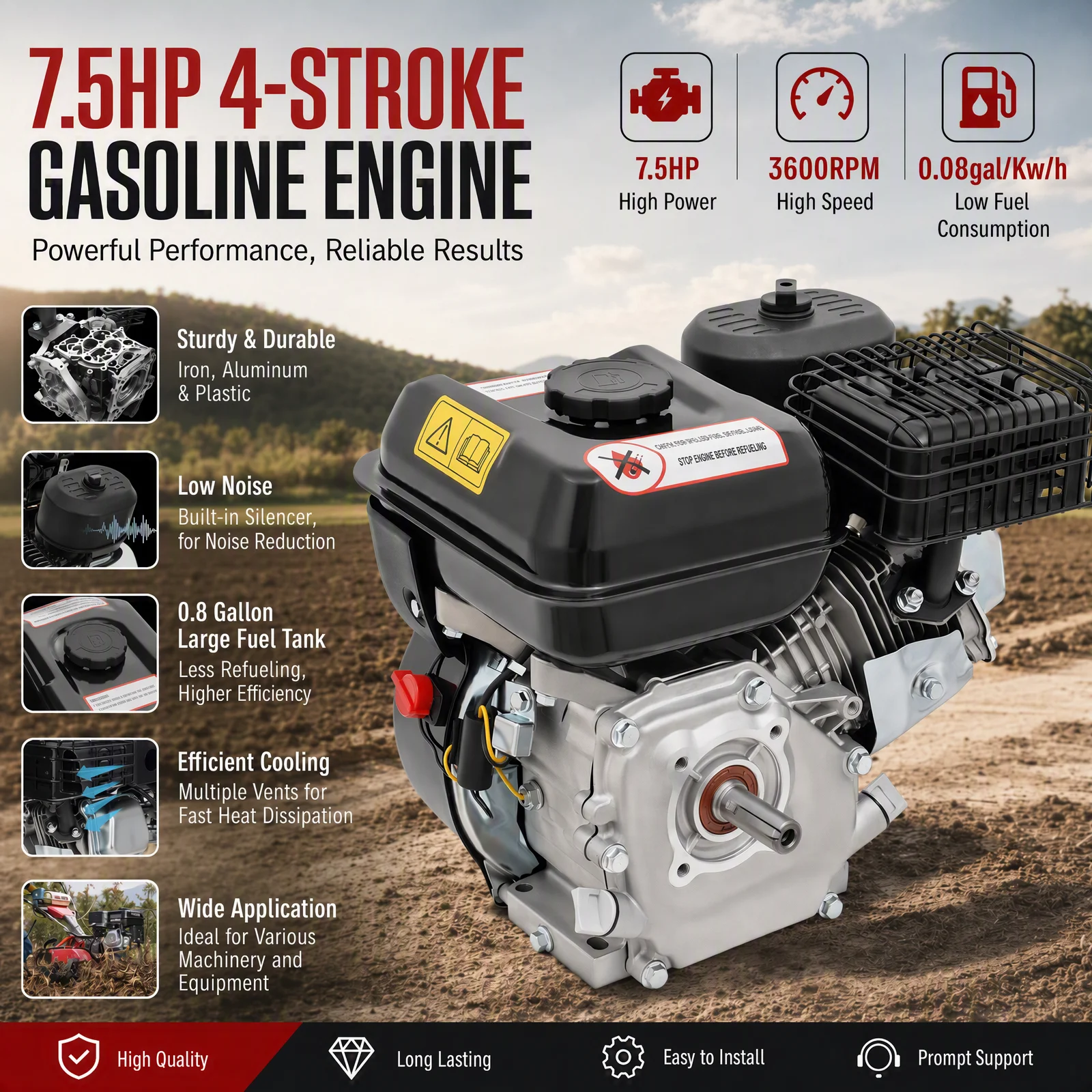 Motore a 4 tempi da 7,5 CV, motore portatile a 4 tempi, motore a benzina per pompe d'acqua, generatori e piccole macchine per l'ingegneria