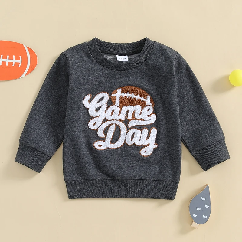 Toddler Fall Sweatshirt Football Letter Embroidered Long Sleeve Round Neck Casual Pullover Tops