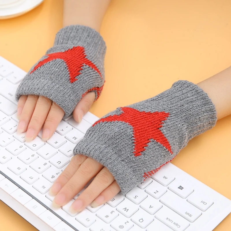 Knitted Gloves for Adult Touch Screen Mittens Male Female Winter Gloves with Pentagram Pattern Fingerless Gloves