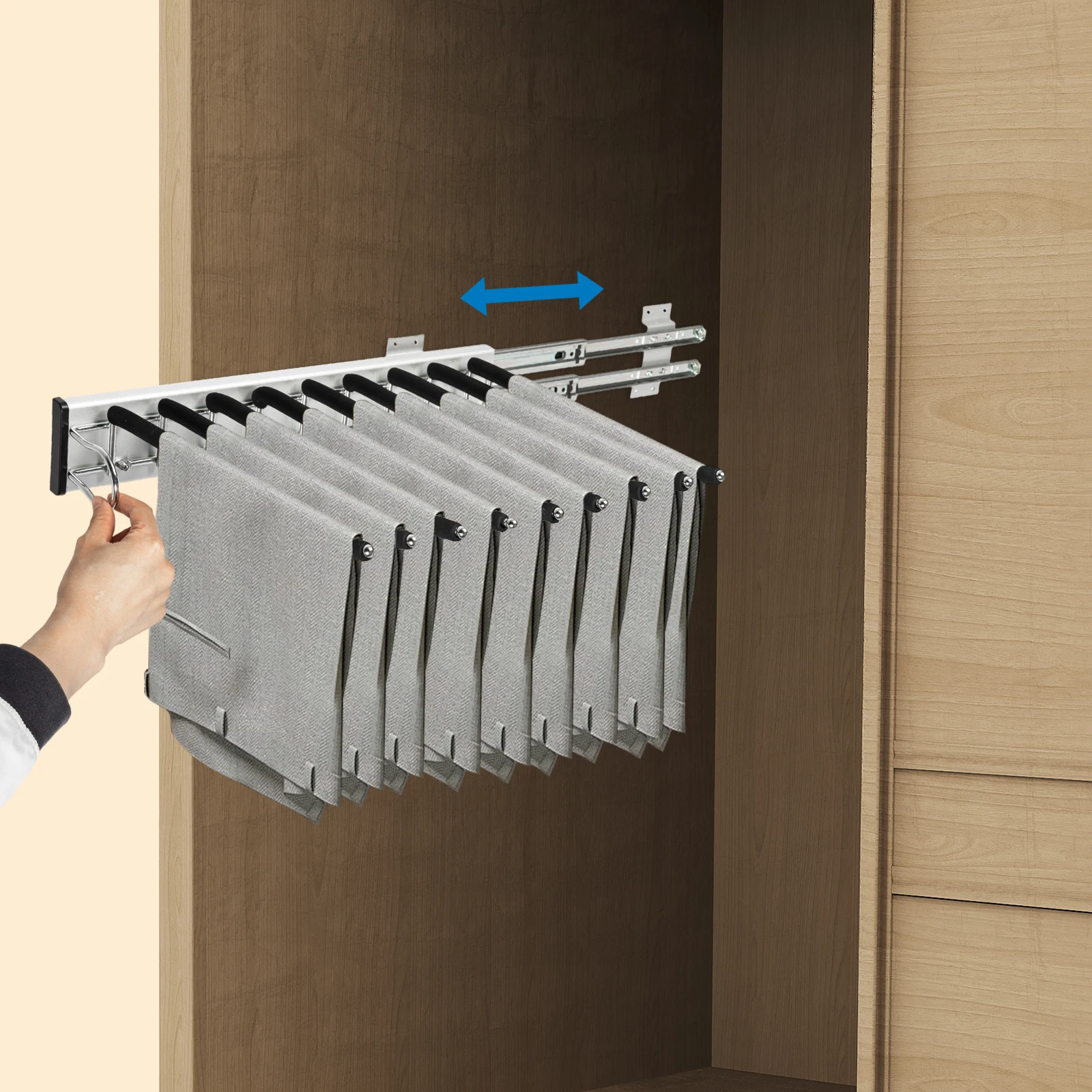 Bymaocar Left Installation Direction Pull Out Trousers Rack, Sliding Pants Rack, 9-rod Side Mounted Trouser Hanger