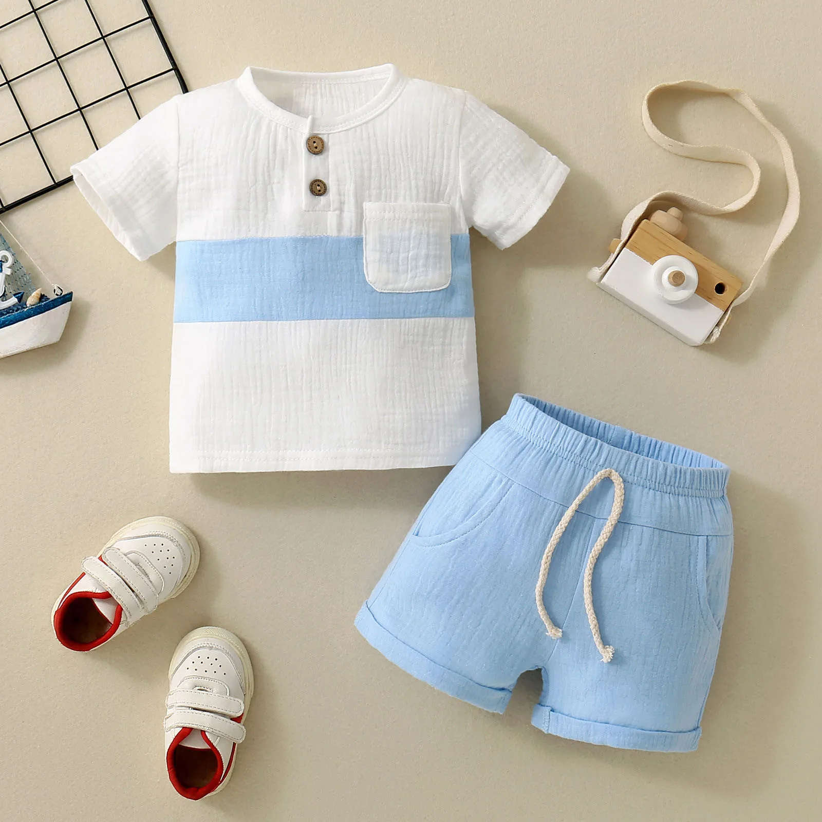 

0-3Y Infant Newborn Toddler Baby Boys Clothes Sets Summer Shorts Sets Short Sleeve TShirts Tops Solid Color Shorts 2Pcs Outfits