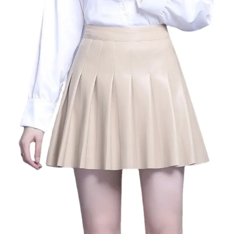 Apricot Leather Skirt Woman Autumn Winter New Short Real Leather Skirt High Waist Slimming A- Line Sheepskin Pleated Skirt Lady