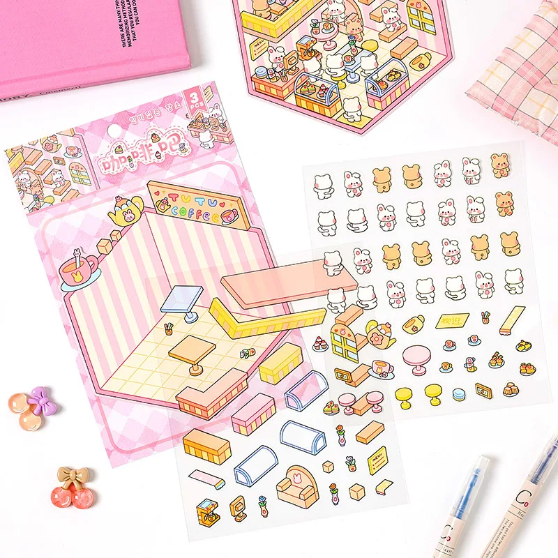 Scenes 3D Cartoon Landscape Sticker Book Kingdom DIY Scrapbook Stickers Cabin Scene Birthday Gift For Student