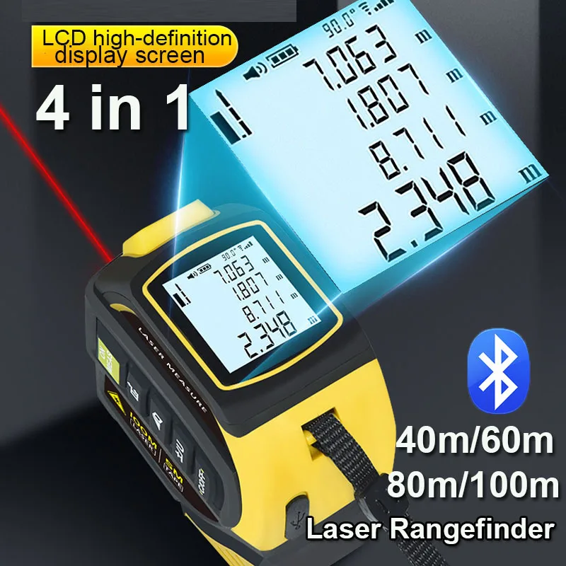 4 in-1 Laser Rangefinder Bluetooth 5M Steel Tape Rangefinder 40m/60m/80m/100m Indoor Laser Measuring Instrument Laser Ruler