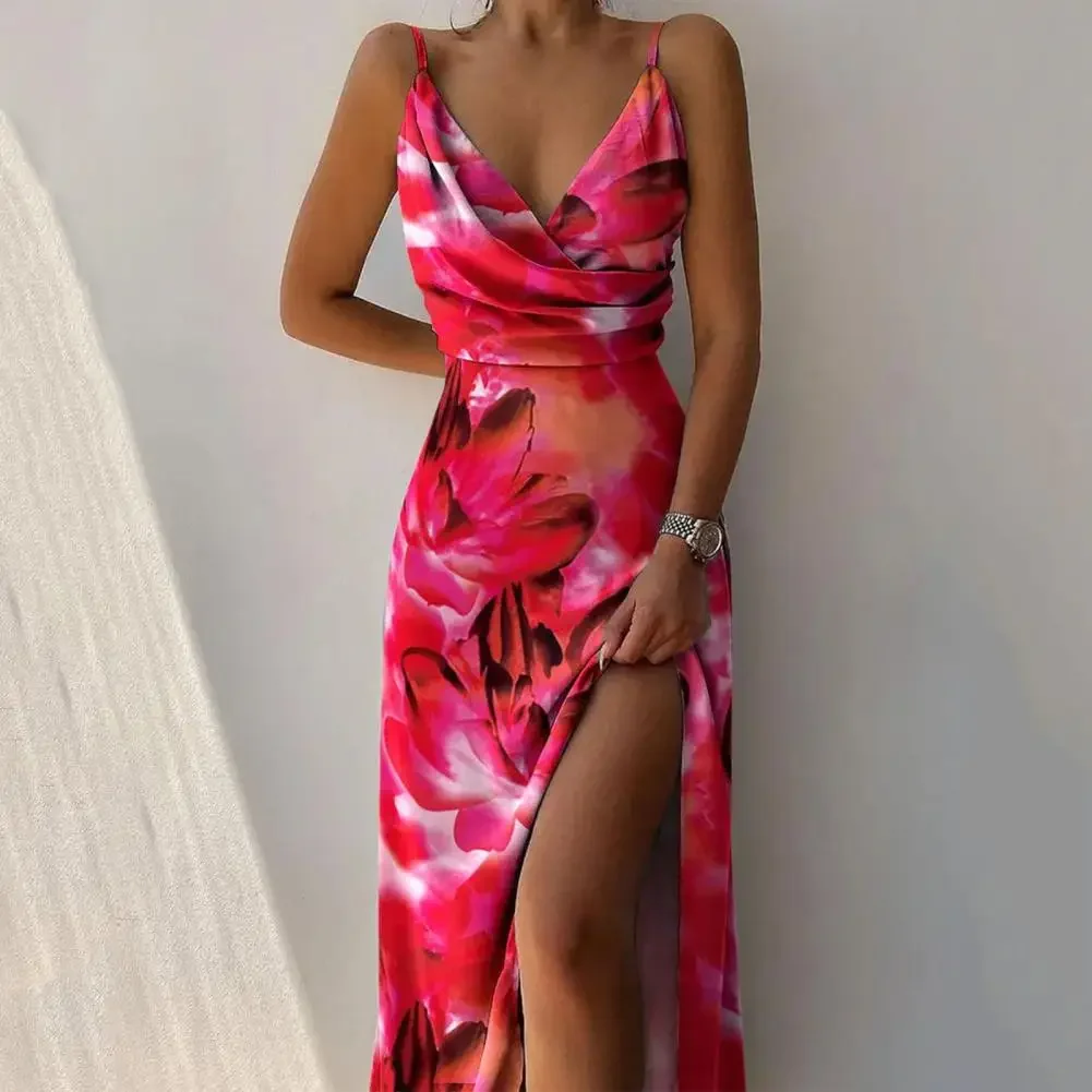 Sexy High Split Up Baggy Long Dress Women Summer Print Party Dress Sleeveless V Neck Elegant Dresses For Women Evening Robe