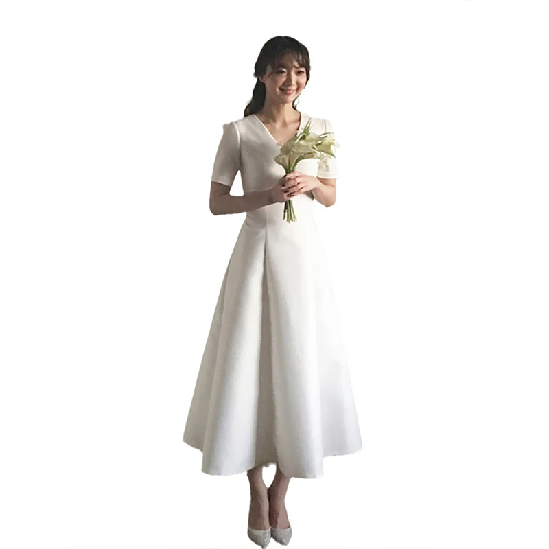 Korean Style Light Wedding Dress Satin Medium Long Short Sleeved Evening Gown Slimming and Minimalist Dress Wedding Shooting