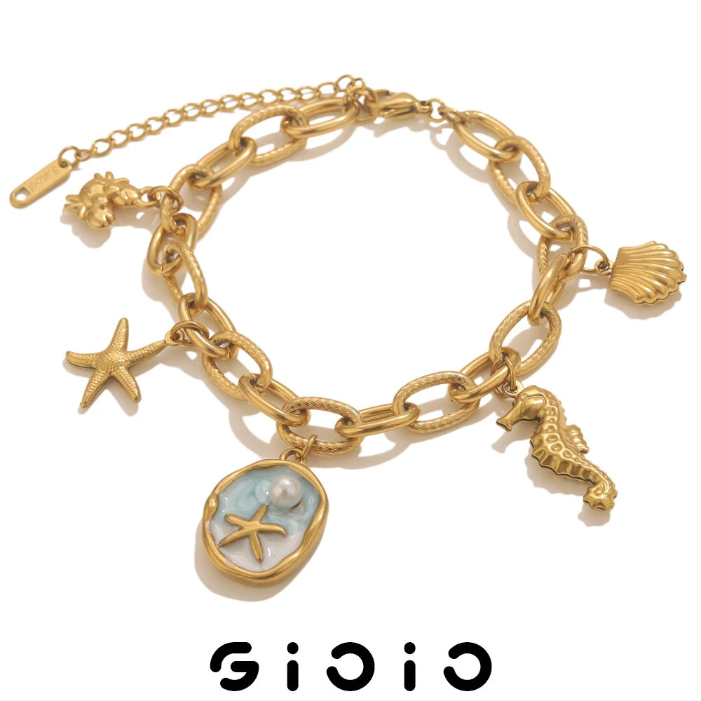 

GIOIO Vintage Ocean Style Stainless Steel Bracelet Summer Beach Fashion Jewelry Gold-Plated Waterproof Women's Hand Bracelet