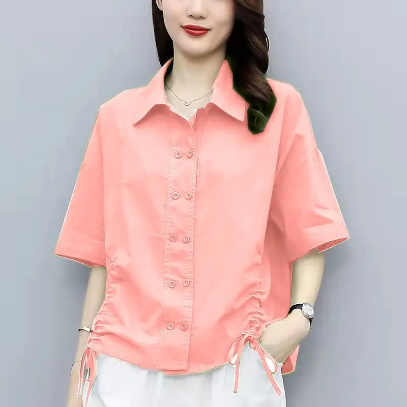 Street Casual Drawstring Blouse Summer New Short Sleeve Button Solid Polo Neck Office Shirt Tops Vintage Fashion Women Clothing