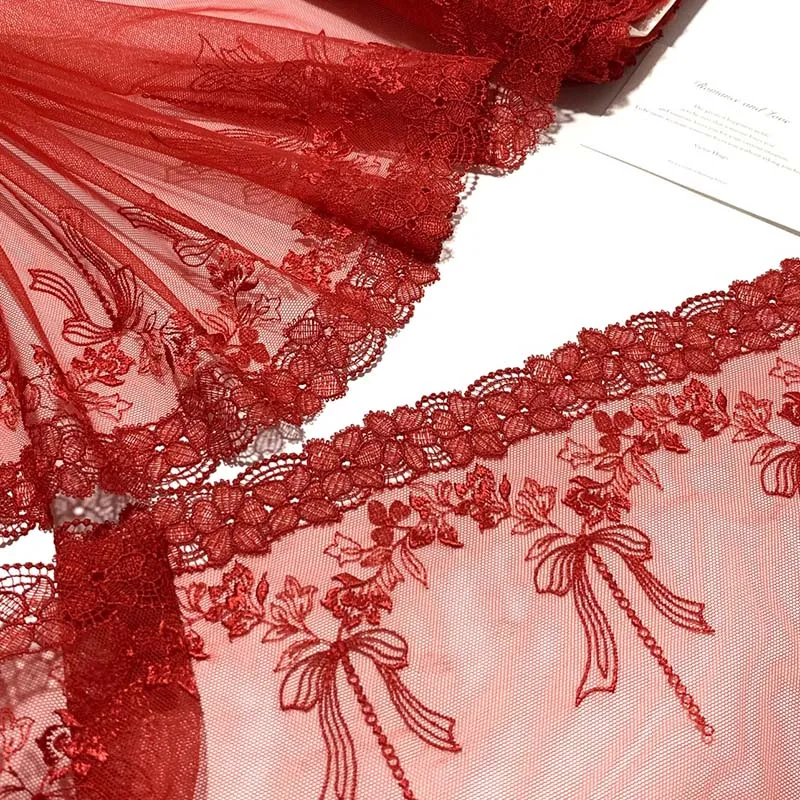 

15Yards Hollow out New Design Red Tulle Embroidered Lace Trim Big Flower Embroidery Lace Fabric for Women Bra