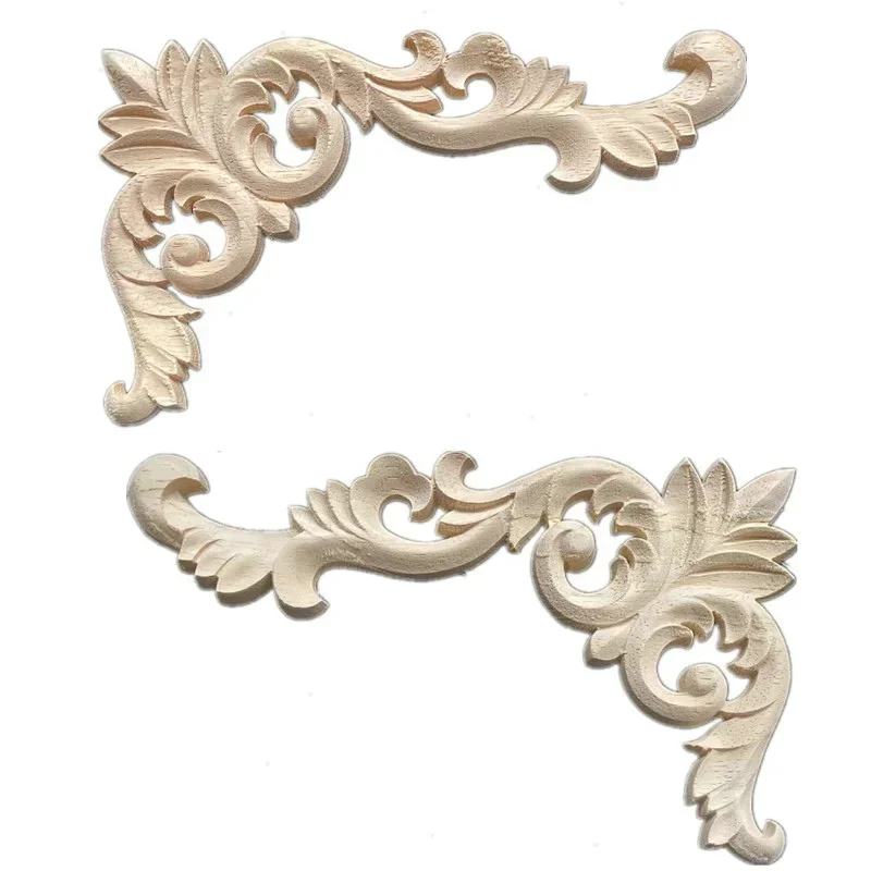 2PCS Woodcarving Decal Corner Applique Frame Door Decor Wall Furniture Decorative Figurines Wood Miniature Flower Branch