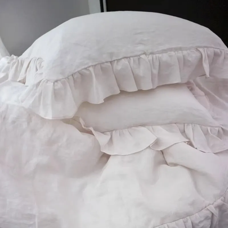 Korean 100% Linen Solid White Cushion Covers, Soft Ruffles Layer Pillow Cases, Princess Romantic Pink Lace Pillow Cover