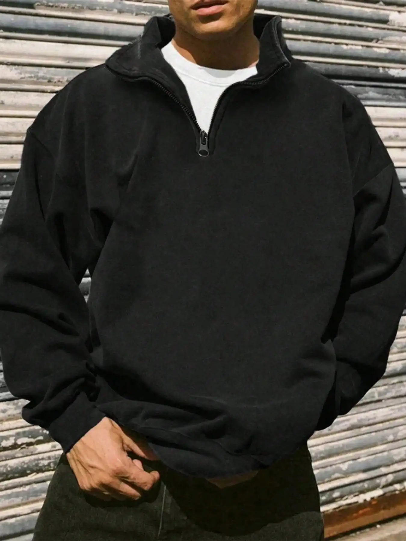 

Мужская черная толстовка с воротником-стойкой на молнии до середины груди, свободного кроя, с длинными рукавами, для осени и зимы