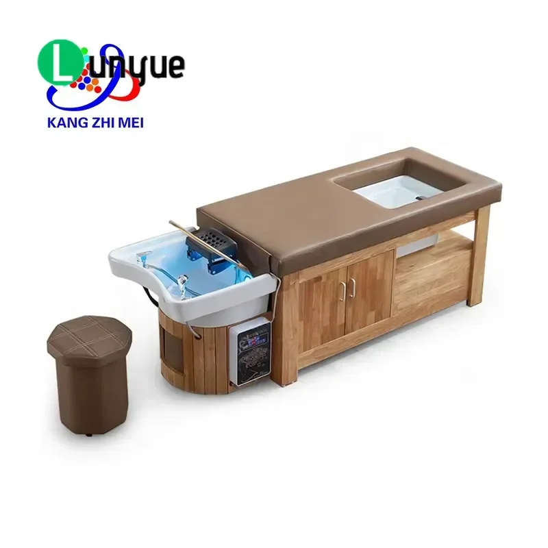 Modern Electric Wood Spa Shampoo Bed with Foot Bath Thai Care Water Circulation Therapy Furniture for Beauty Hair Wash