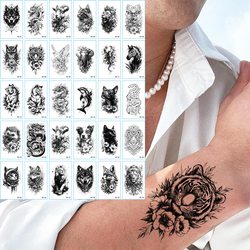 

30pcs Hand Tattoo Stickers for Men Women Wolf Tiger Owl Lion Elephant Animal Design Waterproof Temporary Tattoo Fake Tattoo