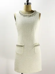 High Quality Luxury Womens Tweed Dress Fashion Beads O-Neck Short Dress Female Elegant Slim Fit Party Dress Size M-XL