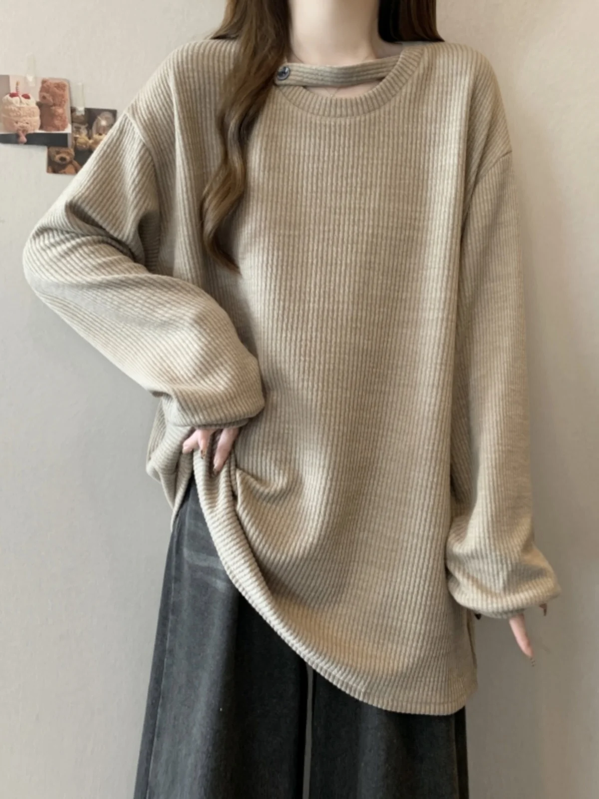 

Loose Long Sleeve Knitted Base Layer Top Women's Style Spring Autumn plus Size Comfortable Lazy Style Sweatshirt Mid-Length B...