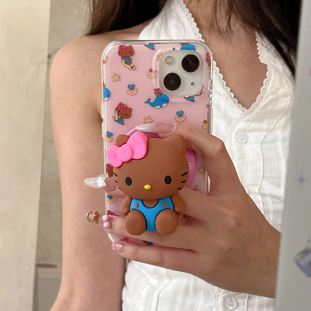 

Hello Kitty Beach Sexy brown cat phone case with magnetic holder bracket For iPhone 12 13 14 15 16 pro max﻿