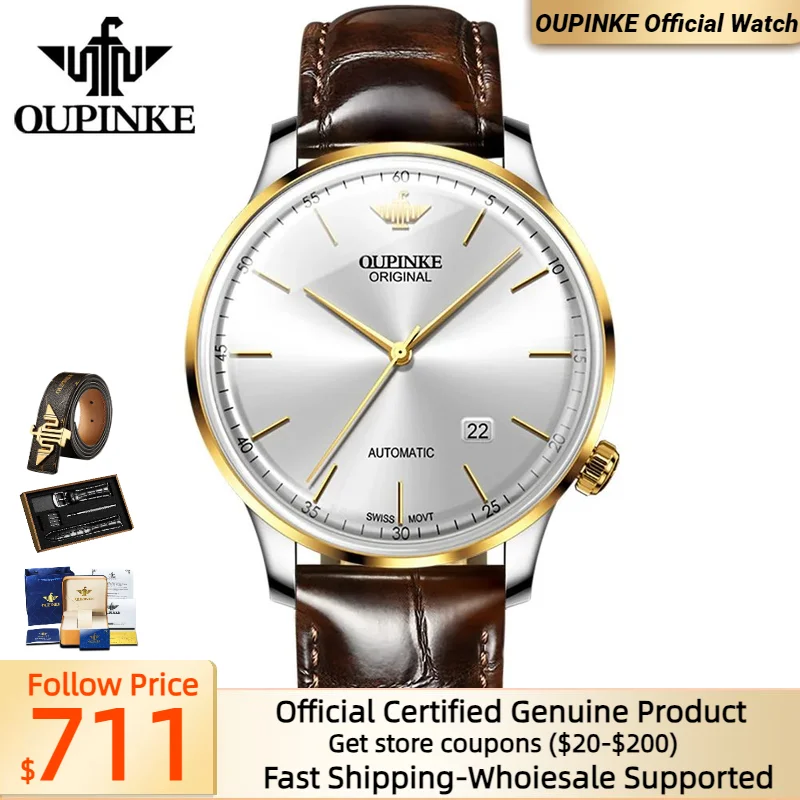 OUPINKE 3269 Mechanical Watch Men Original Swiss Movement 7.3 Ultra-thin Dial Deep Waterproof TOP Brand Man Wristwatches