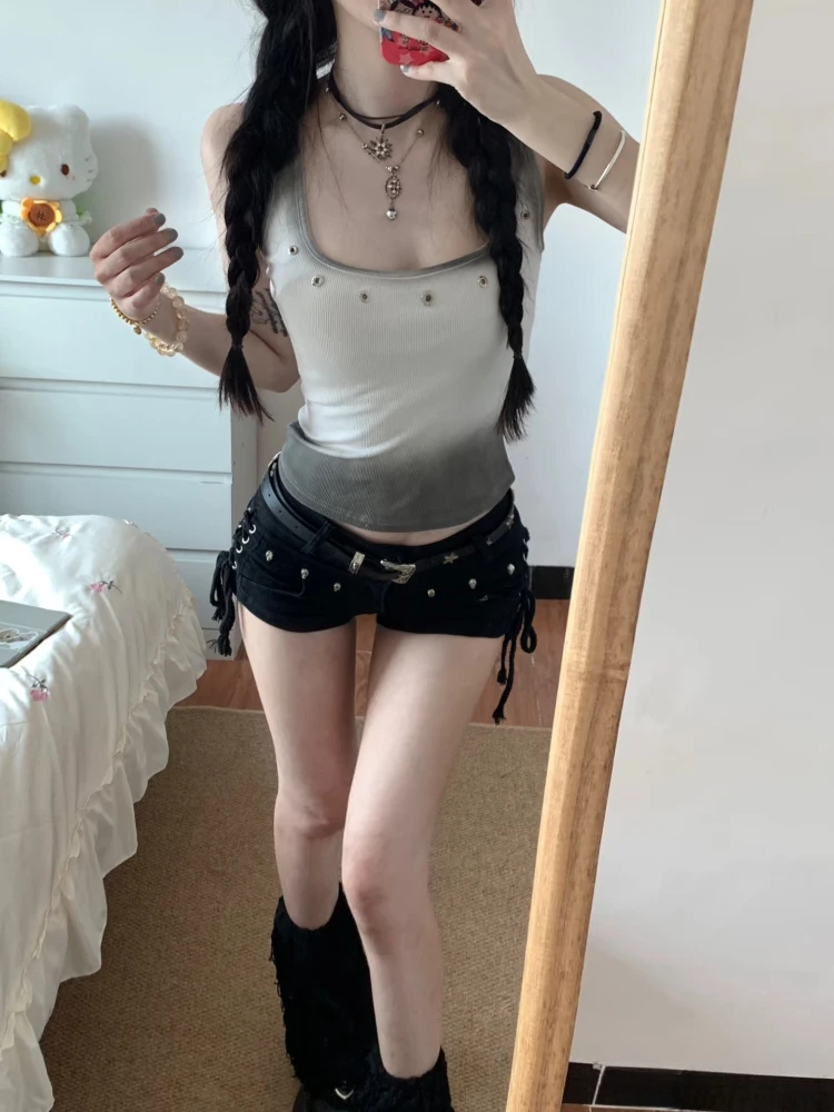Y2k Streetwear Vintage Low-Waist Denim Shorts Black Rivet Patchwork Bodycon American Retro Hot Girl Pants Women Spring Summer