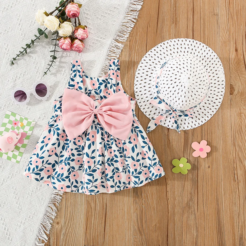 

2 Pcs Girls' Summer New Dress Round Neck Cute Back Big Bow Cotton Skirt Comes with Hat for Children's Clothing