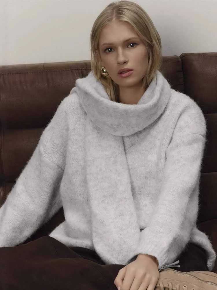 

MCDV элегантный вязаный свитер с шарфом, женский осенне-зимний мягкий свободный повседневный пуловер с v-образным вырезом и длинными рукавами, толстые теплые джемперы