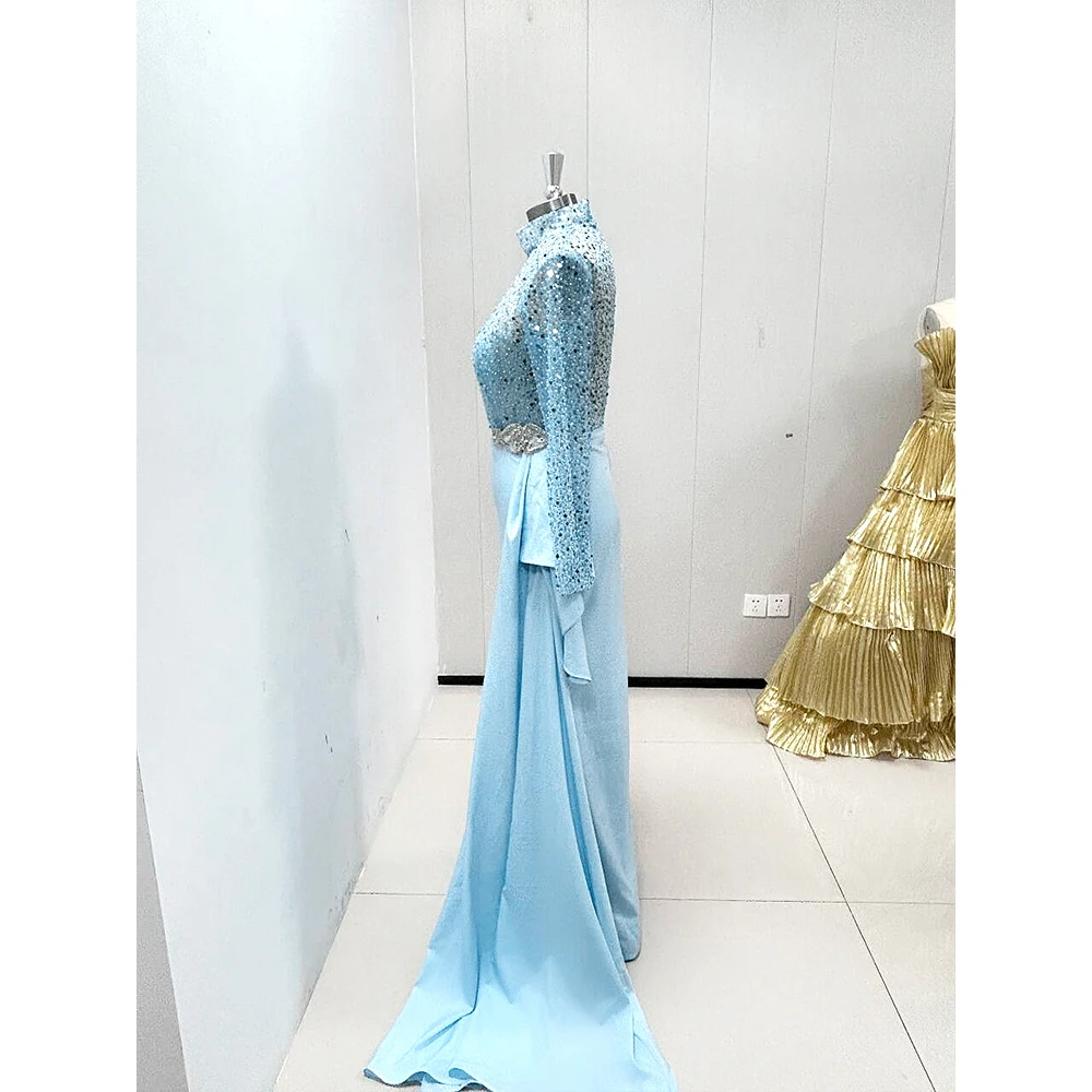 Elegant Blue Crystal Evening Dresses for Women 2024 High Neck Sequined Side Split Floor Length Formal Gowns vestidos de fiesta