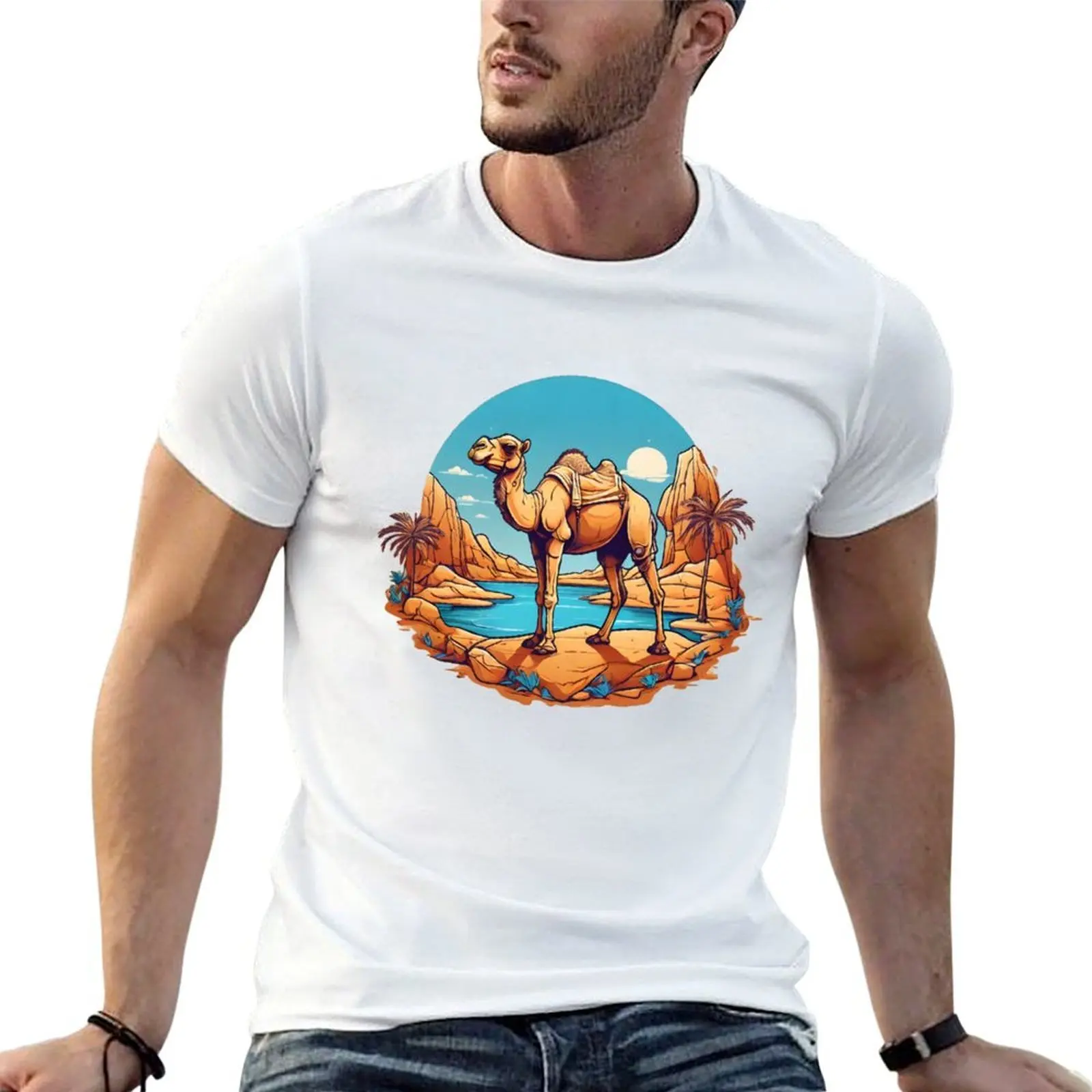 

camel at the oasis T-Shirt t shirts for man graphic vintage t shirt for man 100 percent cotton T-Shirt