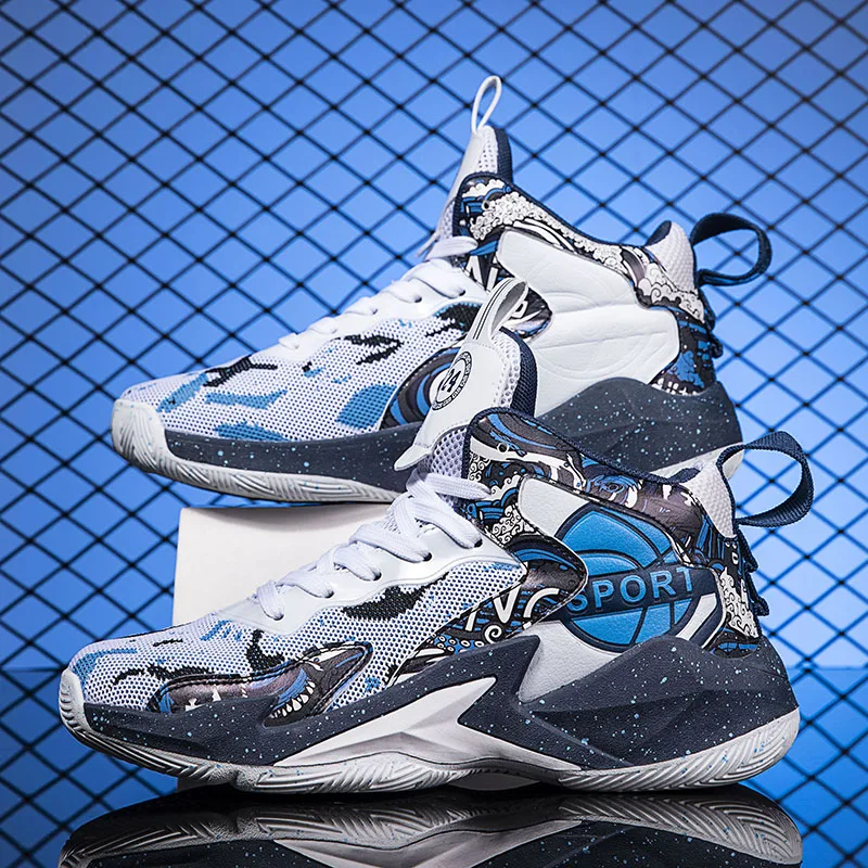 A pair of youth high‑top basketball shoes, lace‑up closure, shock absorption for ball game training, CT‑8768