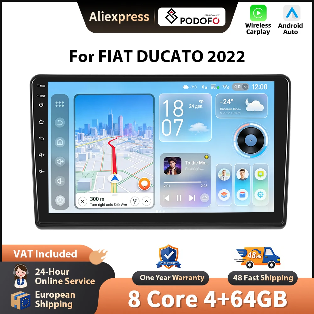 Podofo Autoradio für Ducato 3/Peugeot Boxer 2/Citroen Jumper 2 2011 - 2022 Kabelloses CarPlay Android Auto GPS FM WiFi BT Stereo