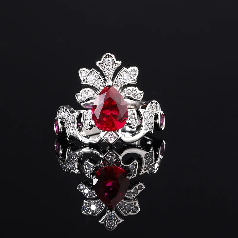 

European and American Jewelry Ring Pigeon Blood Red Emerald Gemstone Crown Versatile Fashion Commuter Retro Women's Style
