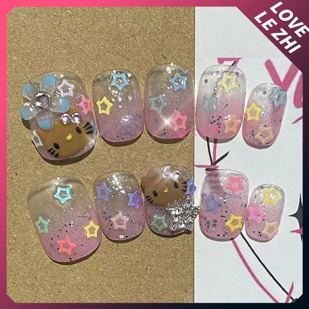 Sanrioed Bloemen Handgemaakte Pers Op Nagels Hello Kitty Zomer Gradatie Kort Ballet Volledige Cover Vijfpuntige Ster Nep Nagel