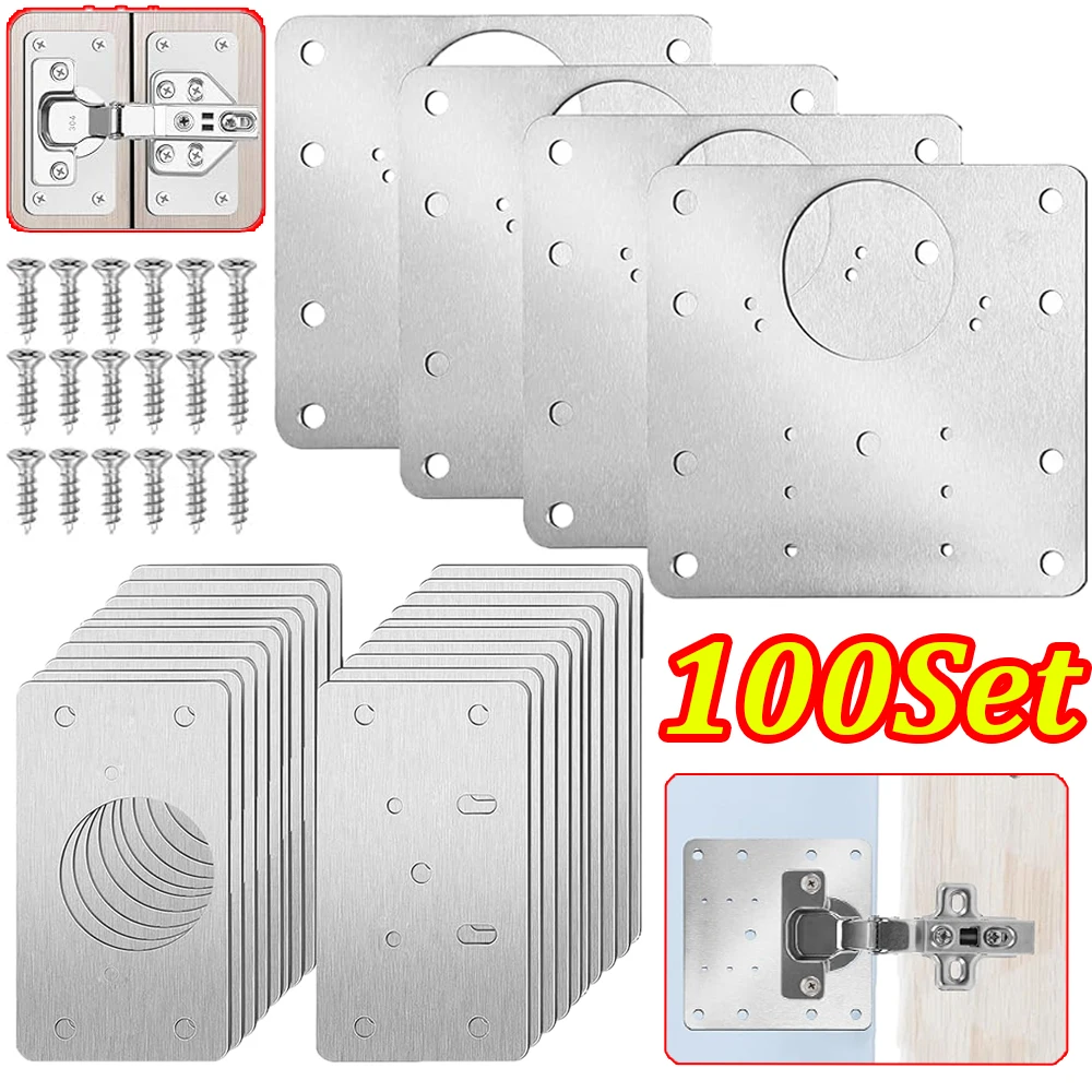 2-100Set Cabinet Hinge Repair Plate Kit Stainless Steel Door Hinge Mounting Plate Cabinet Door Hinges Repair Mount Tool