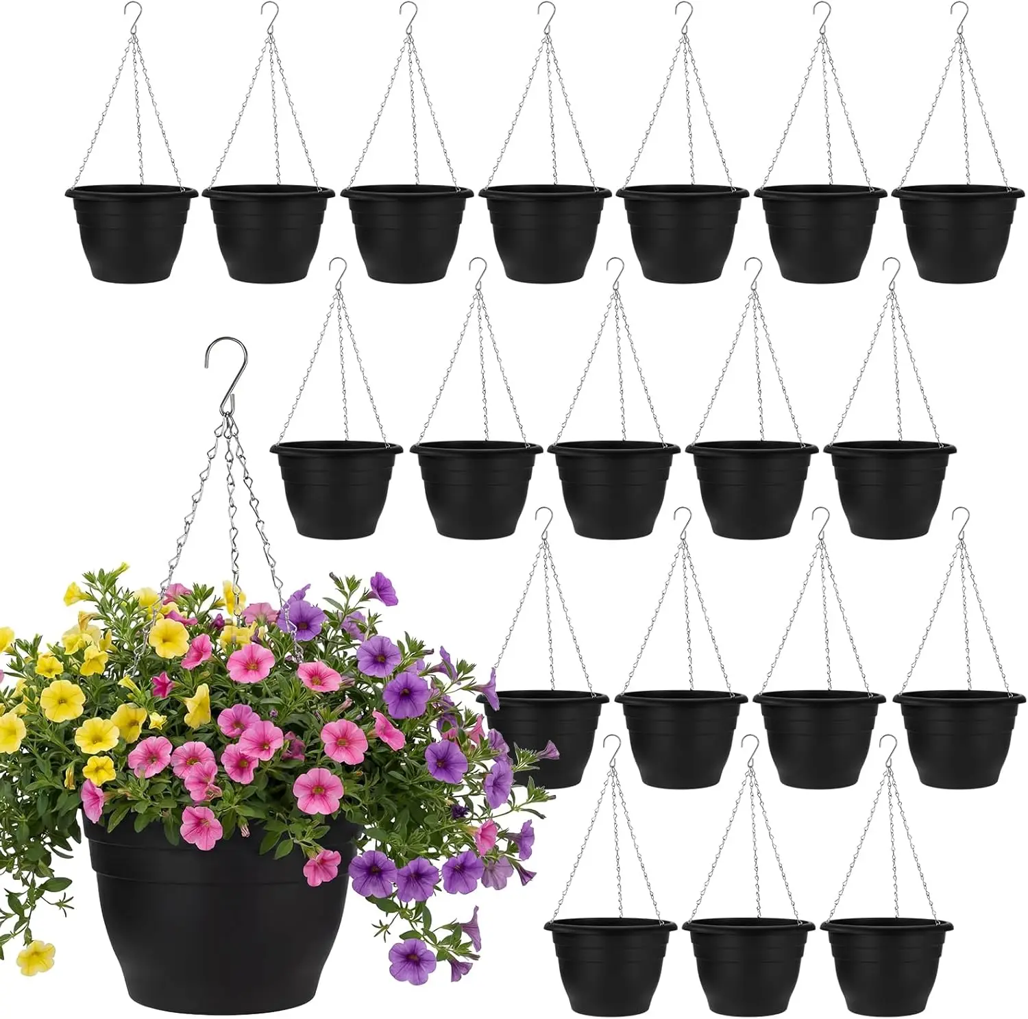 20 Pack Hanging Planters (10") Black, Plastic with Self Watering, Drainage