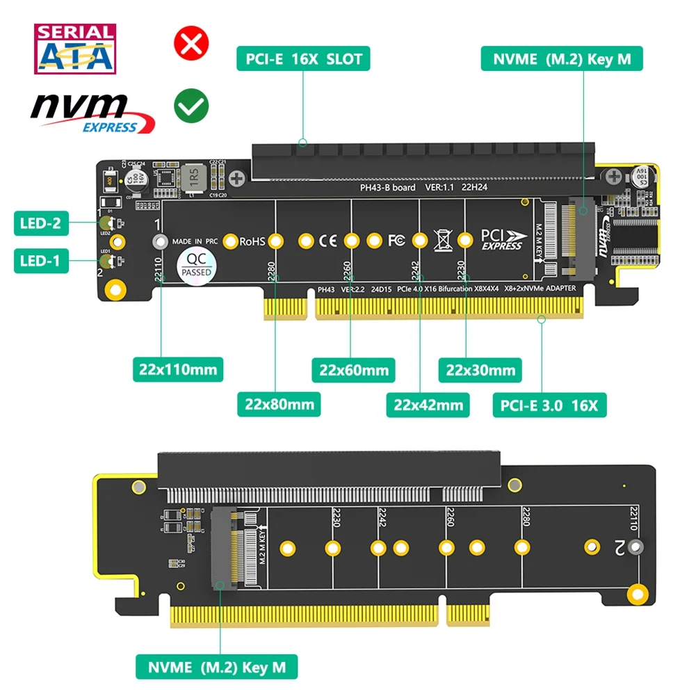 Adattatore PCIe Y59ADual NVMe, PCIe 4.0 X16 a Dual NVMe e 1x più adattatore PCIe X16 (segnale X8) per adattatore SSD M.2 NVMe