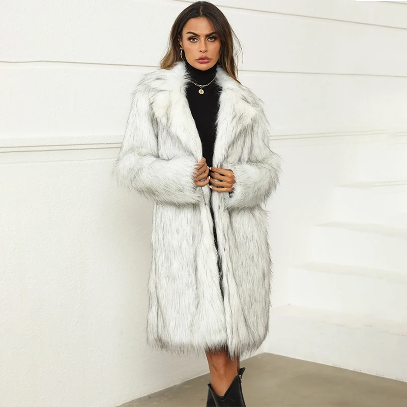 

Faux Fox Fur Coat Winter Thermal Plush Jacket Mid Length White Fleece Coat Fashion Loose Fur Coat Women 2024 New Streewear