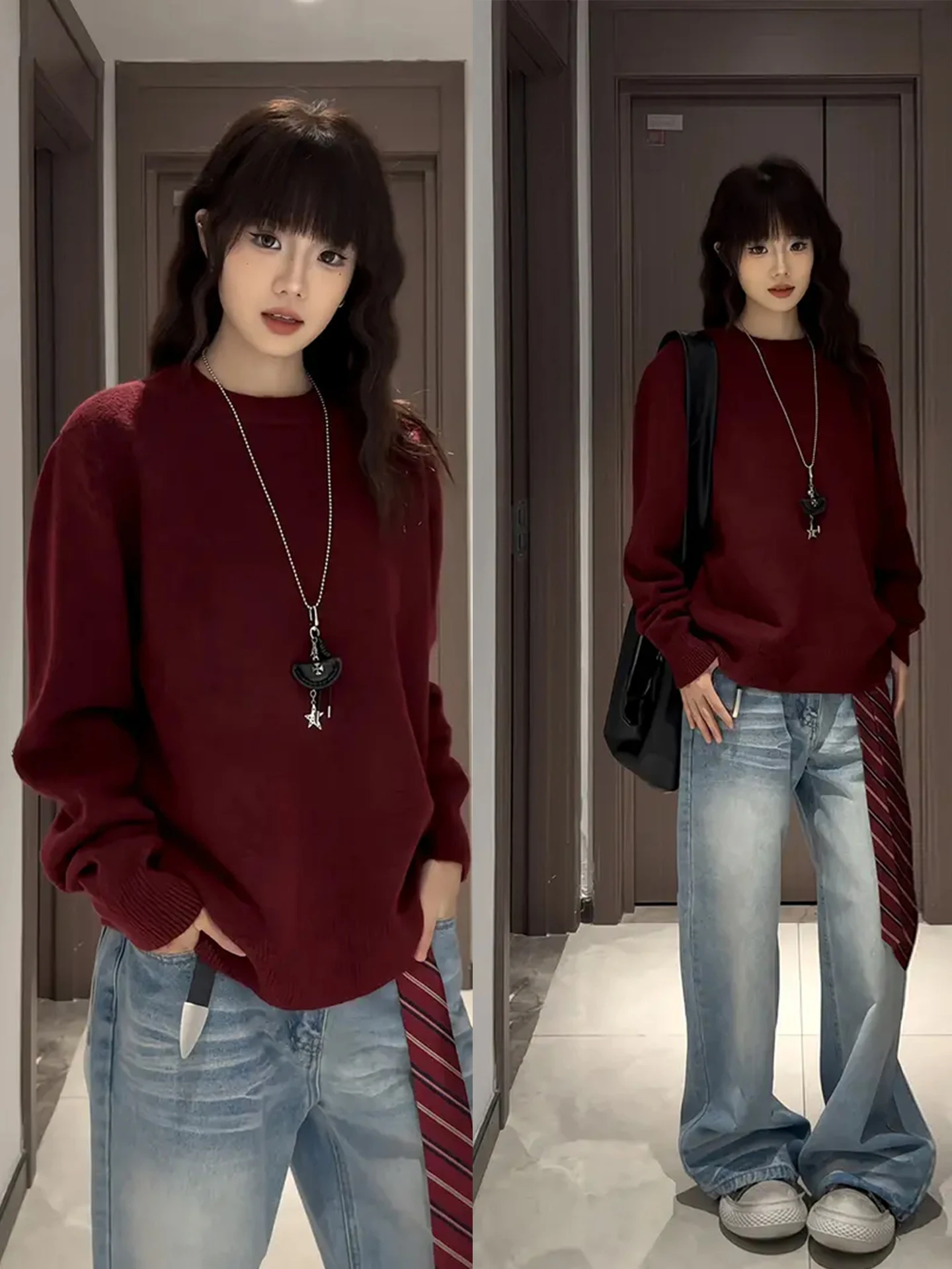 

Retro Wine Red round Ne Knitwear Men's Loose Fit Autumn Winter Lazy Sle American Loose Inner Wear Sweater Casual Knitwear