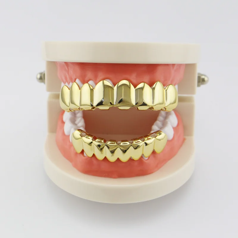 Gold Plated 8 Tooth Premium Grillz Solid 925 Sterling Silver Yellow Gold Finish -8 Tooth Or Caps/Top & Bottom Grills For Teeth