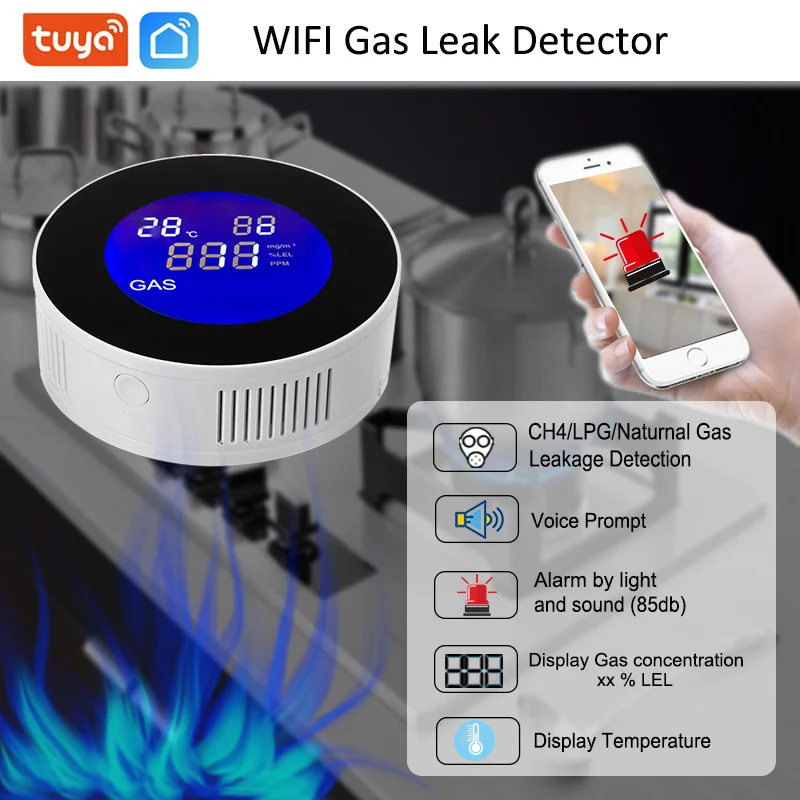 

Tuya Wi-Fi умный датчик сигнализации природного газа с функцией температуры детектор утечки горючего газа ЖК-дисплей приложение Smart Life