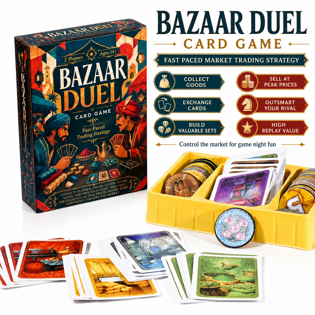 Board Game Dune - เกมไพ่บาซาร์ดวล เกมกระดานกลยุทธ์การซื้อขายในตลาดที่รวดเร็ว สะสมหนัง เครื่องเทศ ผ้า เงิน