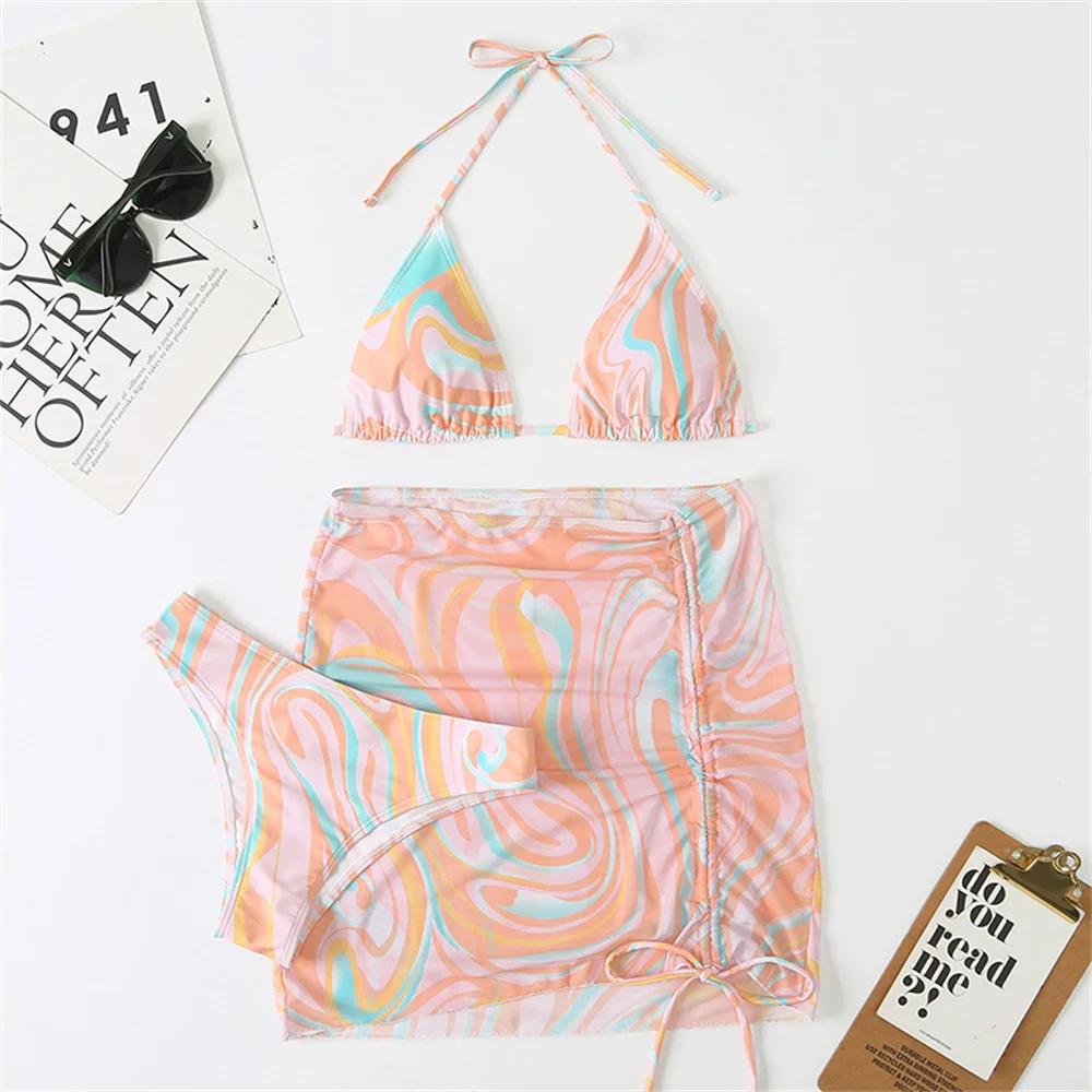 Gradient Tie Dye Bikini Y2K Print Swimsuit Drawstring Mesh Skirt Vacation Swimwear Women Sexy Backless Bathing Suit Beach Outfit