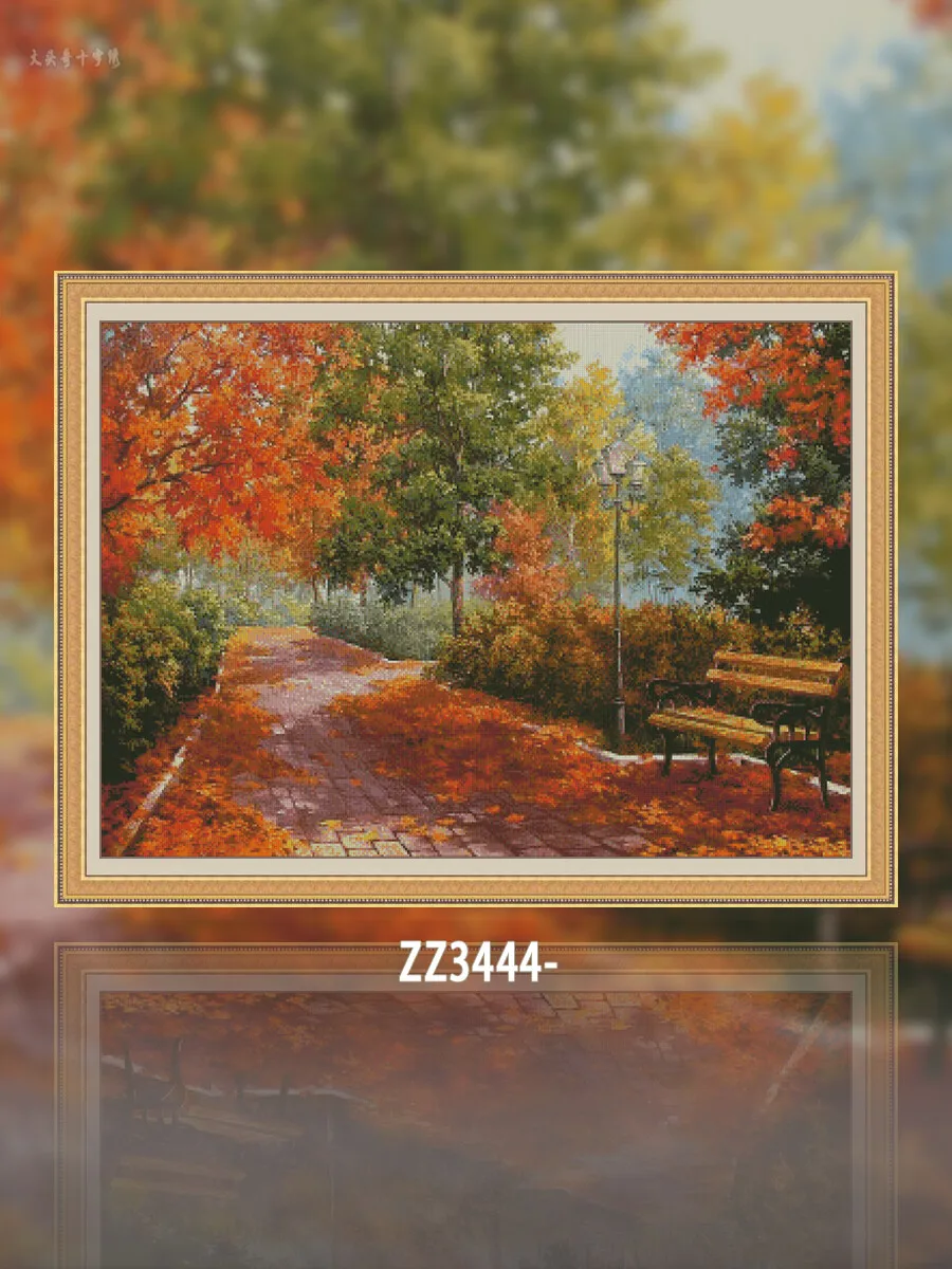 [ZZ3444-Maple Leaf Bench] Printed Cross Stitch Kit 14CT 16CT, Needlework Supplies, Cotton Embroidery Threads