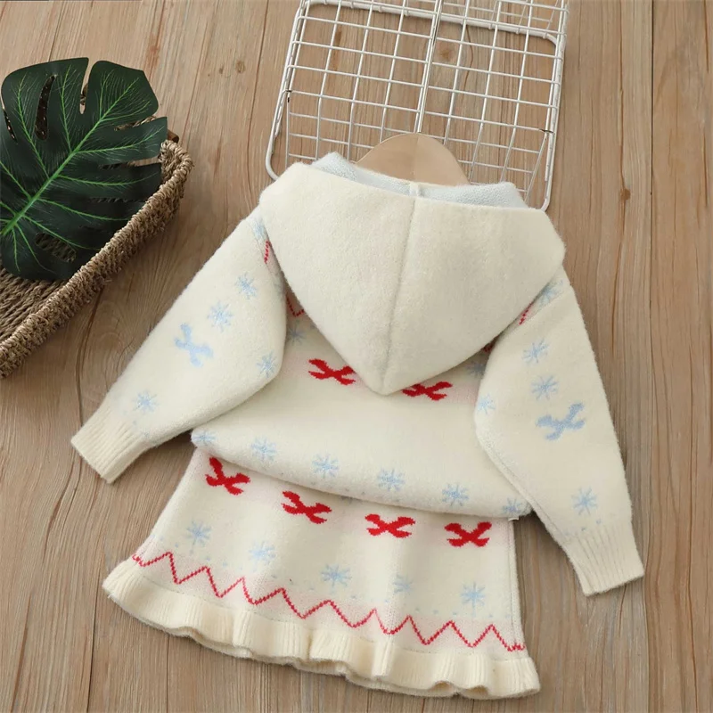 Girls Knit Sets Christmas Kids Hooded Sweater Suits Children Long-Sleeve Zip-Up Cardigan and Skirt 2Pcs Outfits Toddler Clothing