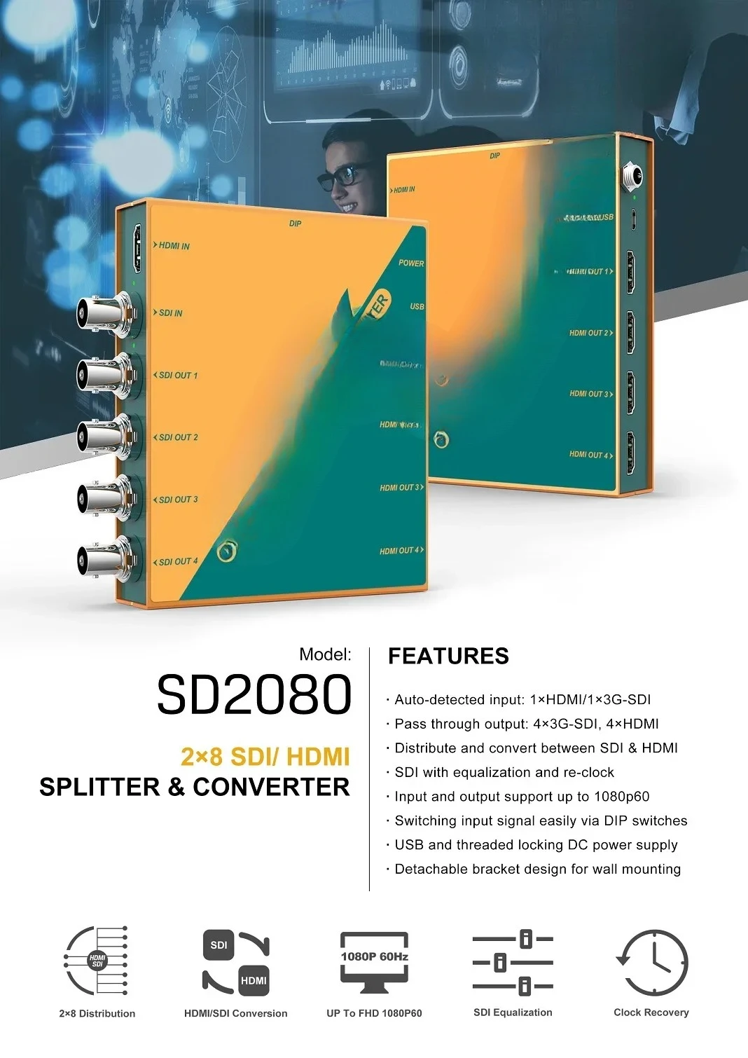 SD2080 2/8 SDI Conversion Distributor Splitter Converter for Audio Video Post-Production Applications
