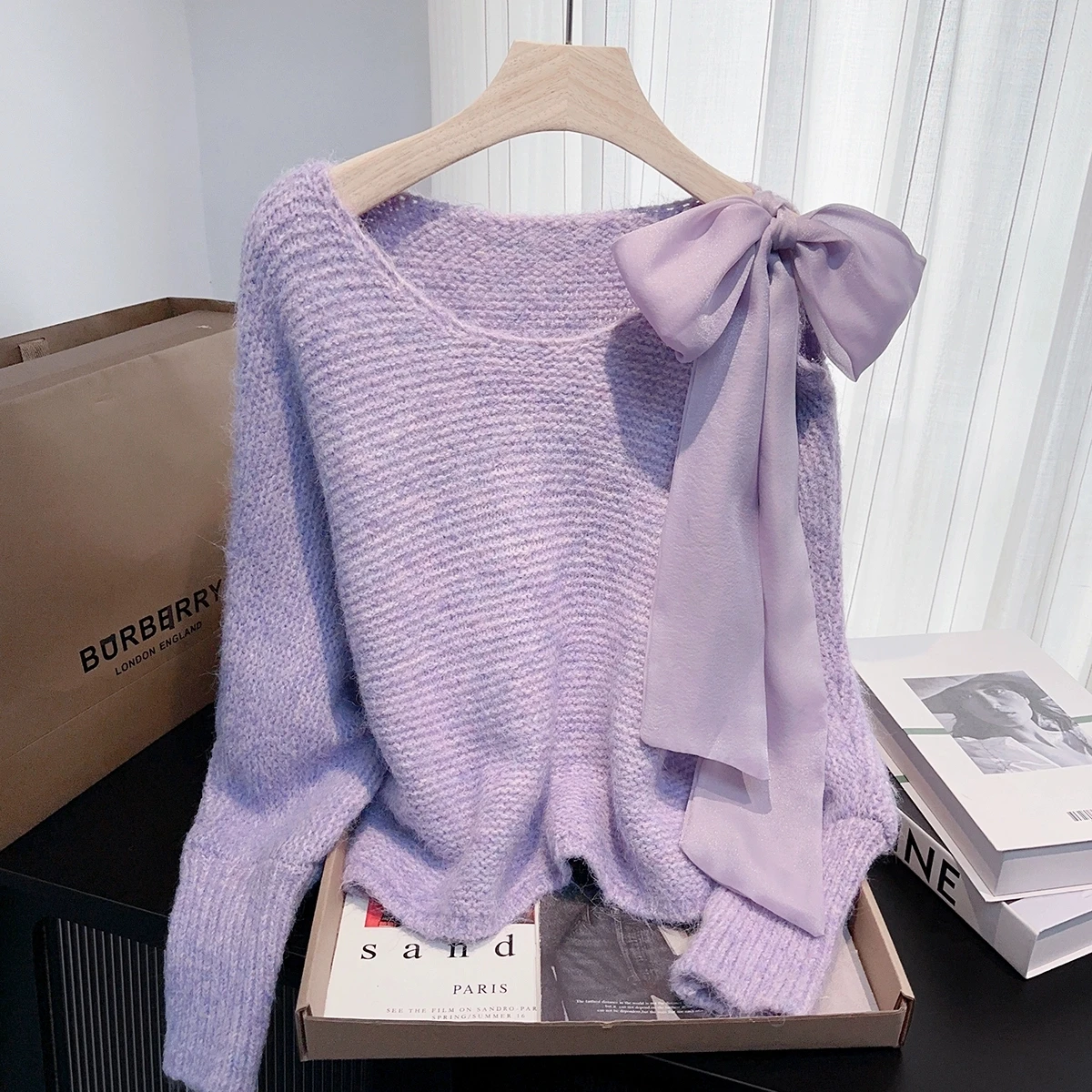 

Women's Pink Knitted Sweater, Bow Butterfly Sleeve Soft Comfortable, Warm Pullover, Casual Fashion, Ladies Clothing, Autumn, New