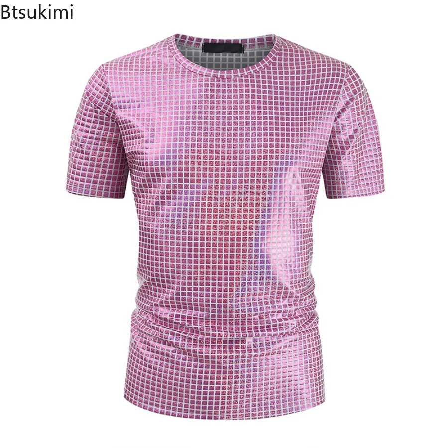 2026 Fashion Plaid Metallic Glossy T-shirt for Men Slim Short Sleeve DJ Nightclub O-neck Tops Stage Singer Prom Costume Tee Male